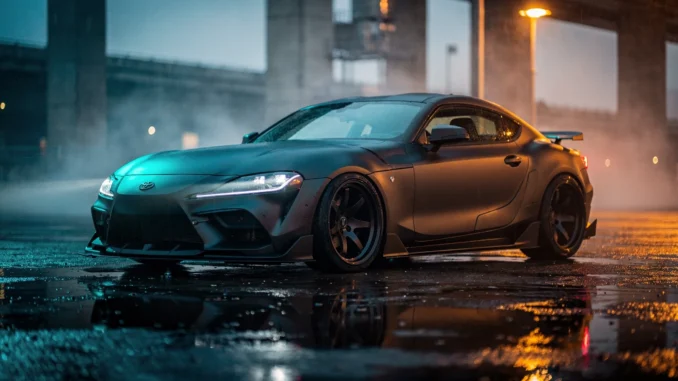 Body kit aftermarket sportowego coupe na mokrym torze, oświetlenie cinematic